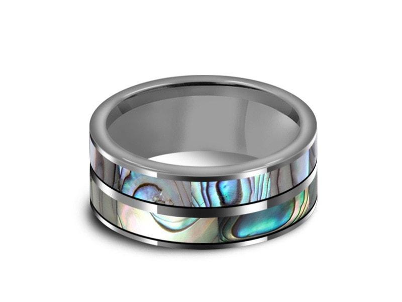 Abalone Shell Tungsten Carbide Wedding Band - Double Abalone Inlay - Shell Ring - Engagement Band - Flat Shaped - Comfort Fit 8mm - Vantani Wedding Bands
