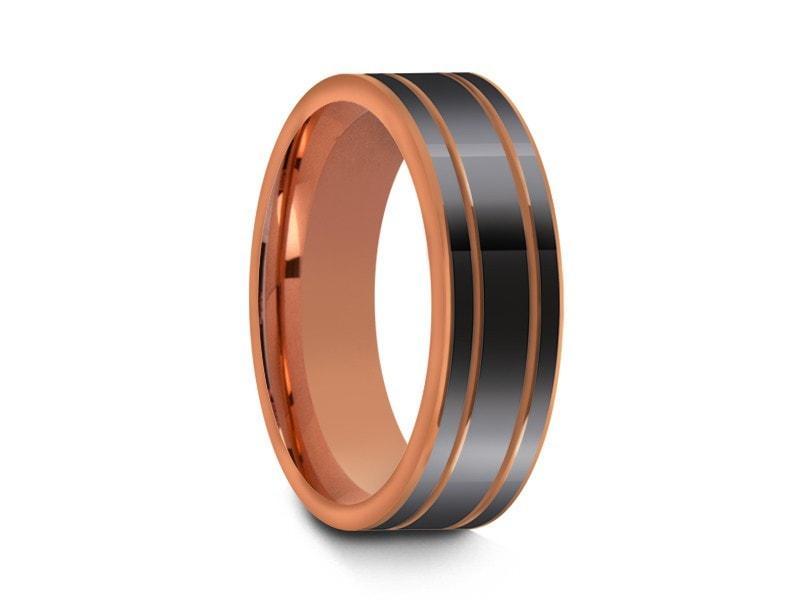 High Polish Rose Gold Tungsten Wedding Band - Rose Gold Plated Inlay - Engagement Ring - Two Tone - Flat Shaped - Comfort Fit 6mm - Vantani Wedding Bands
