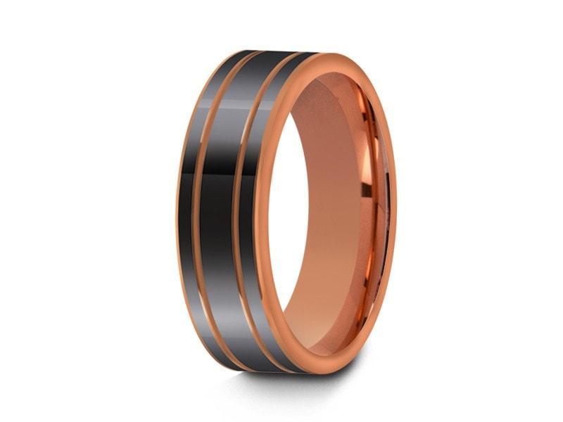 High Polish Rose Gold Tungsten Wedding Band - Rose Gold Plated Inlay - Engagement Ring - Two Tone - Flat Shaped - Comfort Fit 6mm - Vantani Wedding Bands