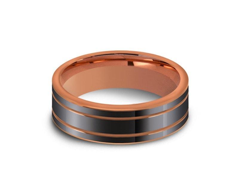 High Polish Rose Gold Tungsten Wedding Band - Rose Gold Plated Inlay - Engagement Ring - Two Tone - Flat Shaped - Comfort Fit 6mm - Vantani Wedding Bands