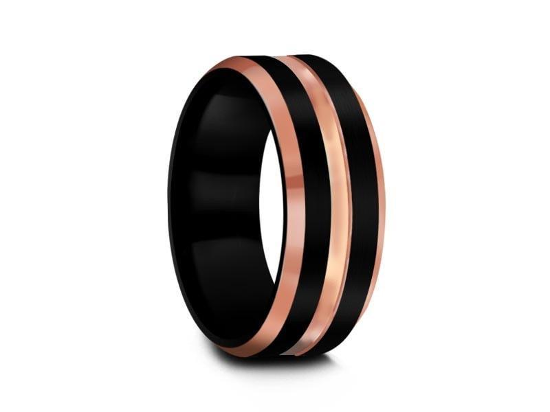 Black Tungsten Wedding Band - Brushed and Polished Ring - Rose Gold Inlay - Two Tone - Engagement Band - Beveled Shaped - Comfort Fit 8mm - Vantani Wedding Bands