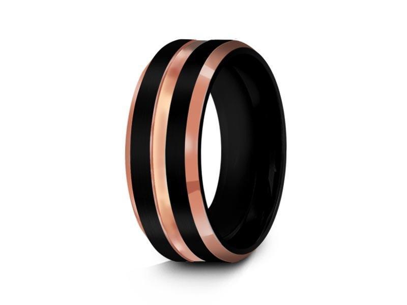 Black Tungsten Wedding Band - Brushed and Polished Ring - Rose Gold Inlay - Two Tone - Engagement Band - Beveled Shaped - Comfort Fit 8mm - Vantani Wedding Bands
