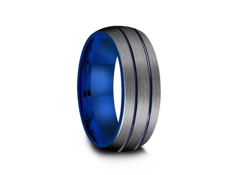 Blue Gunmetal Tungsten Wedding Band - Two Tone - Brushed Polished - Engagement Band - Dome Shaped- Comfort Fit 8mm - Vantani Wedding Bands