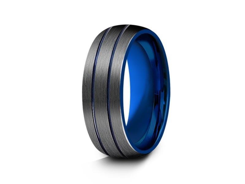 Blue Gunmetal Tungsten Wedding Band - Two Tone - Brushed Polished - Engagement Band - Dome Shaped- Comfort Fit 8mm - Vantani Wedding Bands