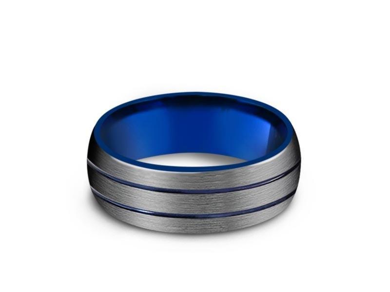 Blue Gunmetal Tungsten Wedding Band - Two Tone - Brushed Polished - Engagement Band - Dome Shaped- Comfort Fit 8mm - Vantani Wedding Bands