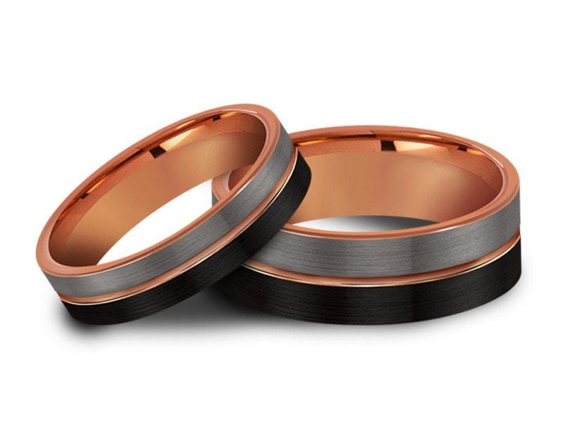 Tungsten Matching Wedding Band Set - Matching Bands - His/Hers - Engagement Ring Set - Three Tone Bands - Flat Shaped - Comfort Fit 6mm/8mm - Vantani Wedding Bands