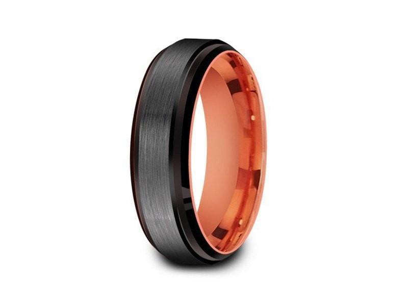 Brushed Tungsten Wedding Band - Rose Gold Plated Inlay - Engagement Ring - Ridged Edges - Comfort Fit 6mm - Vantani Wedding Bands