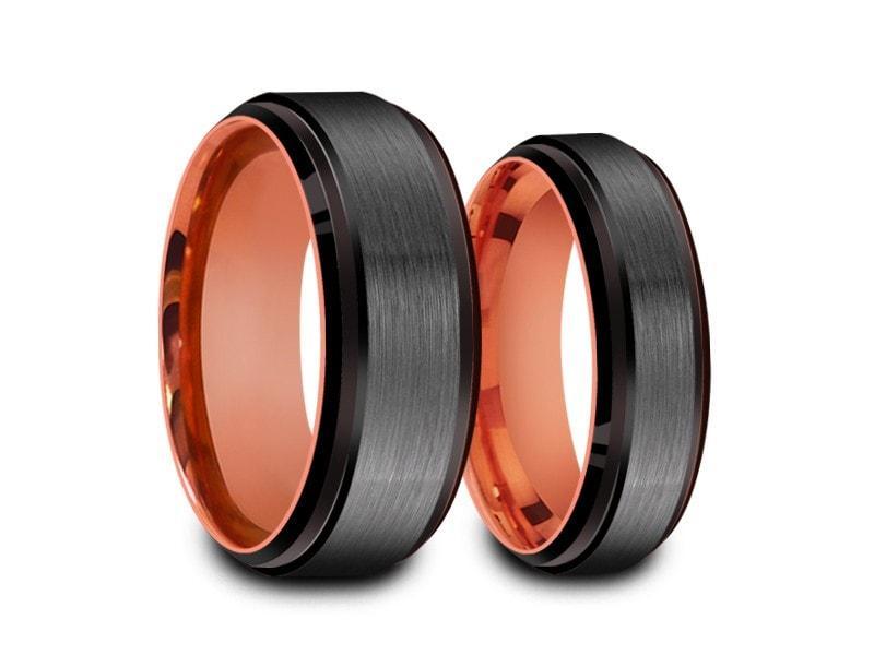 Tungsten Matching Wedding Band Set - Matching Bands - His/Hers - Engagement Ring Set - Three Tone Bands - Ridged Edges - Comfort Fit 6mm/8mm - Vantani Wedding Bands