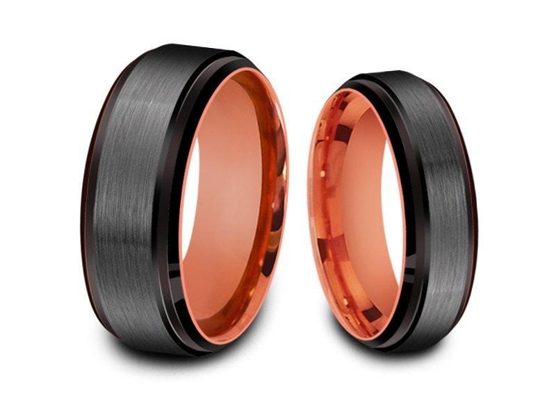 Tungsten Matching Wedding Band Set - Matching Bands - His/Hers - Engagement Ring Set - Three Tone Bands - Ridged Edges - Comfort Fit 6mm/8mm - Vantani Wedding Bands