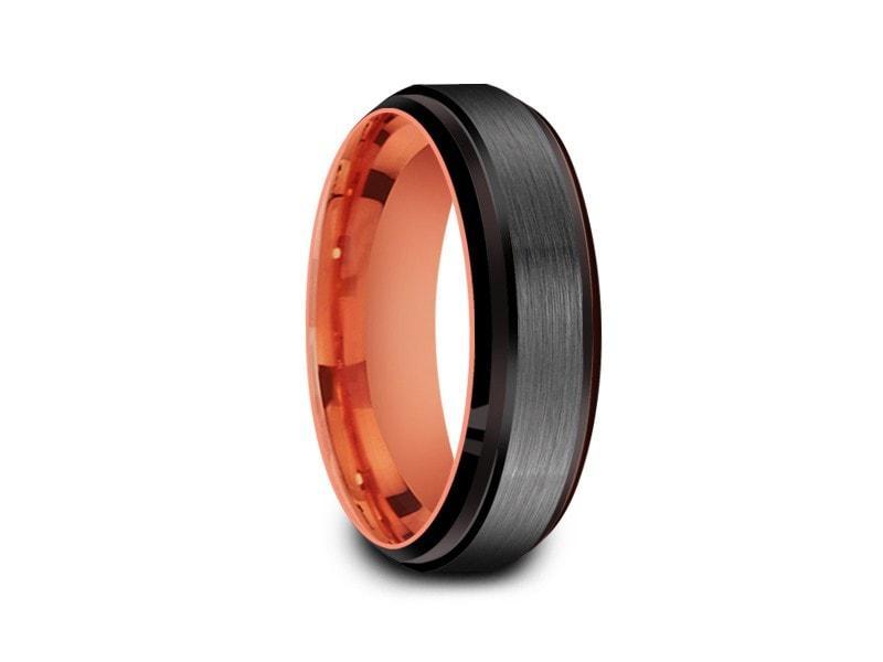 Brushed Tungsten Wedding Band - Rose Gold Plated Inlay - Engagement Ring - Ridged Edges - Comfort Fit 6mm - Vantani Wedding Bands