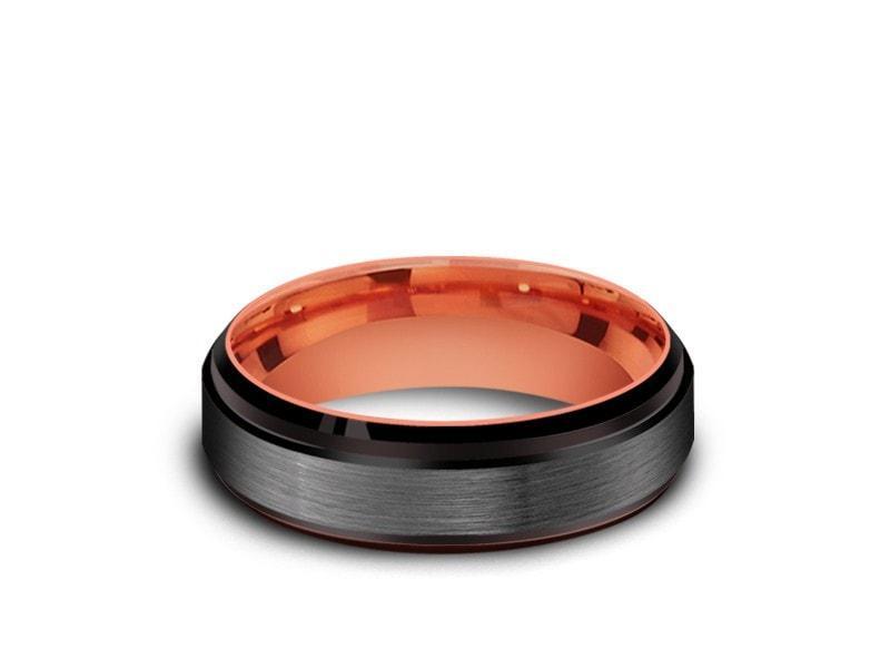 Brushed Tungsten Wedding Band - Rose Gold Plated Inlay - Engagement Ring - Ridged Edges - Comfort Fit 6mm - Vantani Wedding Bands