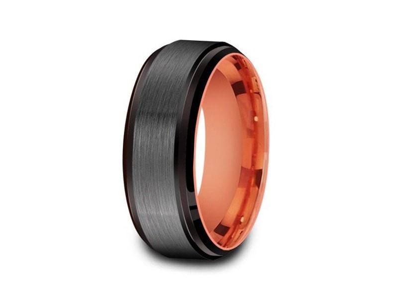Brushed Tungsten Wedding Band - Rose Gold Plated Inlay - Gray Gunmetal - Engagement Ring - Ridged Edges - Comfort Fit 8mm - Vantani Wedding Bands