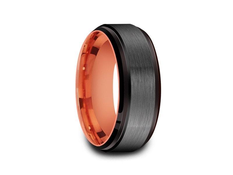Brushed Tungsten Wedding Band - Rose Gold Plated Inlay - Gray Gunmetal - Engagement Ring - Ridged Edges - Comfort Fit 8mm - Vantani Wedding Bands
