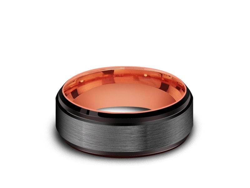 Brushed Tungsten Wedding Band - Rose Gold Plated Inlay - Gray Gunmetal - Engagement Ring - Ridged Edges - Comfort Fit 8mm - Vantani Wedding Bands