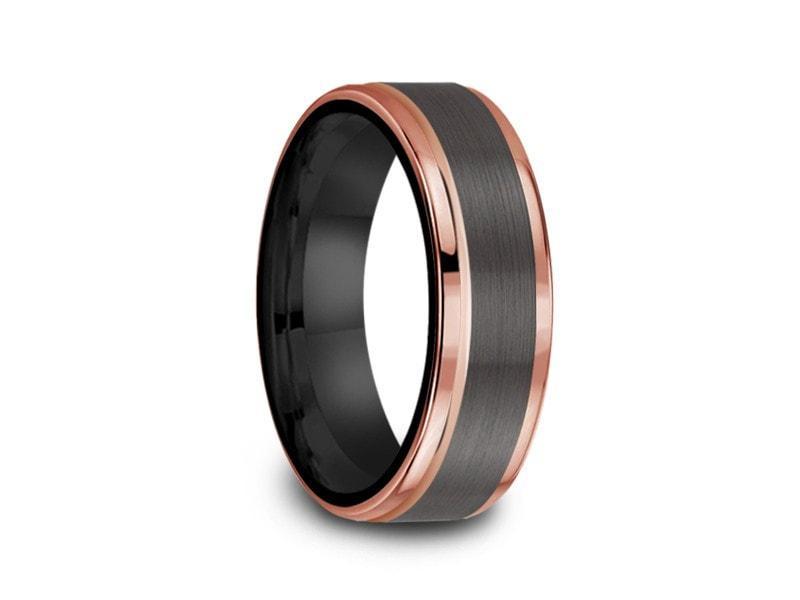 Brushed & Rose Gold Tungsten Wedding Band - Engagement Ring - Two Tone - Ridged Edges - Comfort Fit 6mm - Vantani Wedding Bands