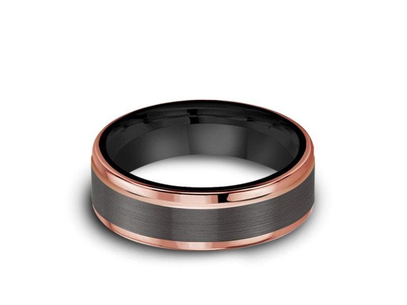 Brushed & Rose Gold Tungsten Wedding Band - Engagement Ring - Two Tone - Ridged Edges - Comfort Fit 6mm - Vantani Wedding Bands