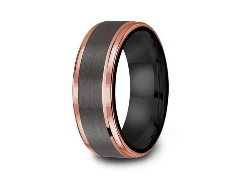 Brushed & Rose Gold Tungsten Wedding Band - Engagement Ring - Two Tone - Ridged Edges - Comfort Fit 8mm - Vantani Wedding Bands