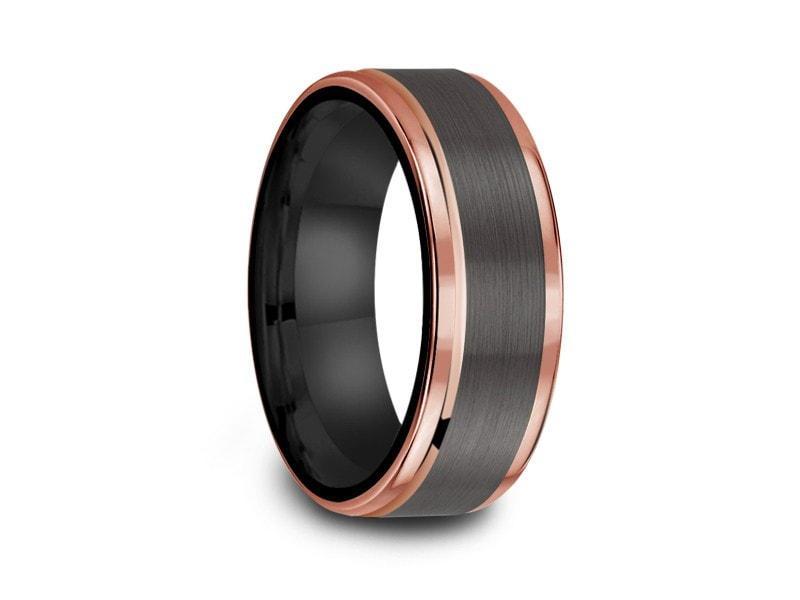 Brushed & Rose Gold Tungsten Wedding Band - Engagement Ring - Two Tone - Ridged Edges - Comfort Fit 8mm - Vantani Wedding Bands