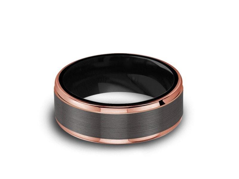 Brushed & Rose Gold Tungsten Wedding Band - Engagement Ring - Two Tone - Ridged Edges - Comfort Fit 8mm - Vantani Wedding Bands