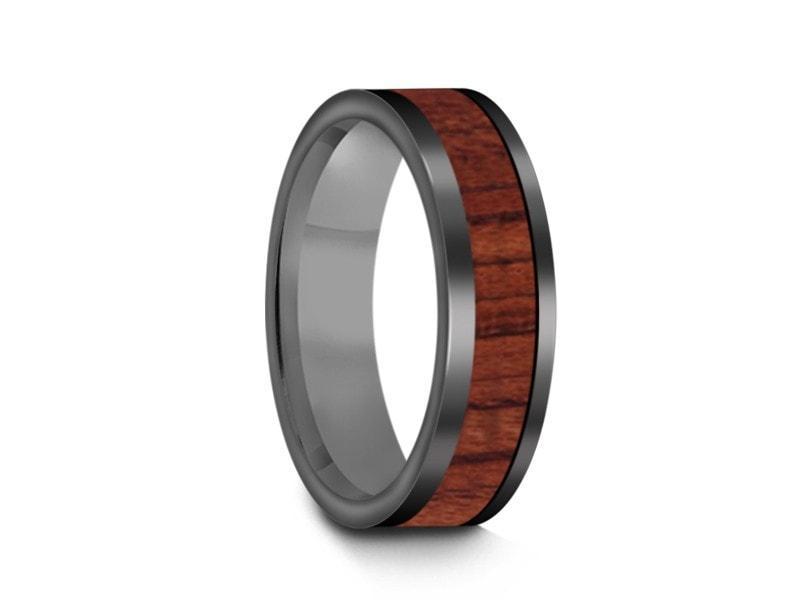 HAWAIIAN Koa Wood Inlay Tungsten Carbide Ring - Koa Wood Wedding Band - Engagement Ring - Flat Shaped - Comfort Fit 6mm - Vantani Wedding Bands