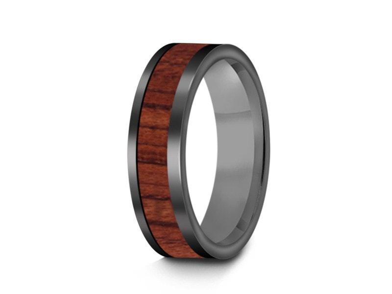 HAWAIIAN Koa Wood Inlay Tungsten Carbide Ring - Koa Wood Wedding Band - Engagement Ring - Flat Shaped - Comfort Fit 6mm - Vantani Wedding Bands