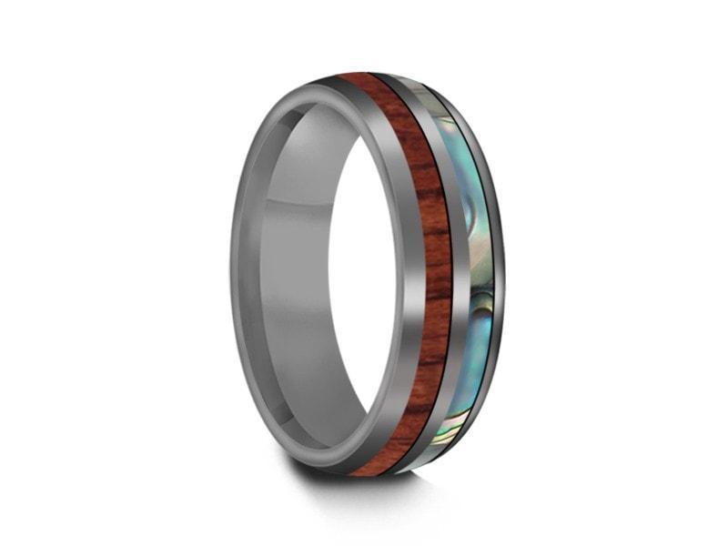 HAWAIIAN Koa Wood & Abalone Inlay Tungsten Ring - Koa Wood Wedding Band - Shell Inlay Ring - Engagement Band - Dome Shaped - Comfort Fit 6mm - Vantani Wedding Bands