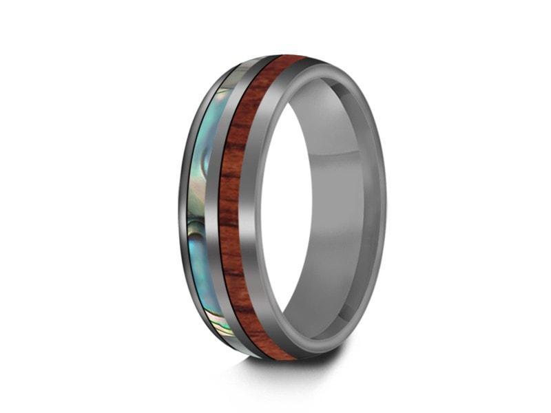 HAWAIIAN Koa Wood & Abalone Inlay Tungsten Ring - Koa Wood Wedding Band - Shell Inlay Ring - Engagement Band - Dome Shaped - Comfort Fit 6mm - Vantani Wedding Bands