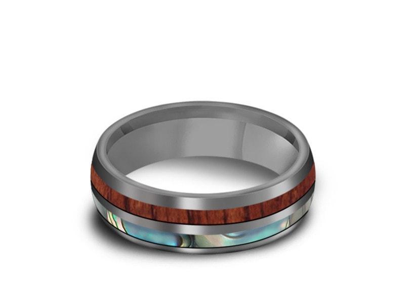 HAWAIIAN Koa Wood & Abalone Inlay Tungsten Ring - Koa Wood Wedding Band - Shell Inlay Ring - Engagement Band - Dome Shaped - Comfort Fit 6mm - Vantani Wedding Bands