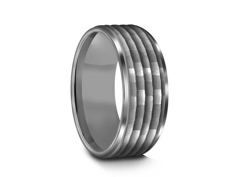 Hammered Polished Tungsten Wedding Band - Gray Gunmetal - Engagement Ring - Ridged Edges - Comfort Fit 8mm - Vantani Wedding Bands