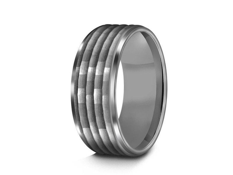 Hammered Polished Tungsten Wedding Band - Gray Gunmetal - Engagement Ring - Ridged Edges - Comfort Fit 8mm - Vantani Wedding Bands