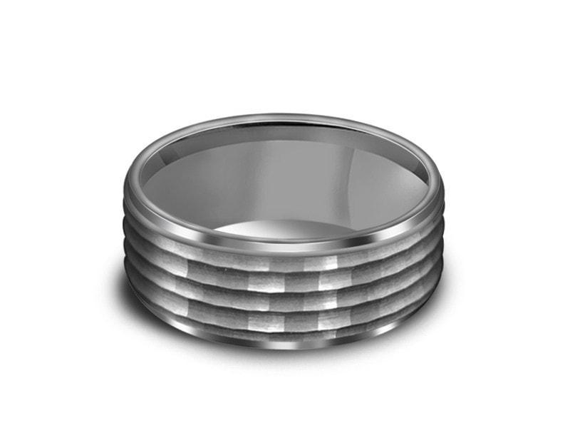 Hammered Polished Tungsten Wedding Band - Gray Gunmetal - Engagement Ring - Ridged Edges - Comfort Fit 8mm - Vantani Wedding Bands