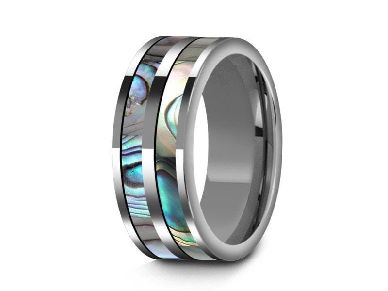 Abalone Shell Tungsten Carbide Wedding Band - Double Abalone Inlay Ring - Shell Ring - Engagement Band - Flat Shaped - Comfort Fit 8mm - Vantani Wedding Bands