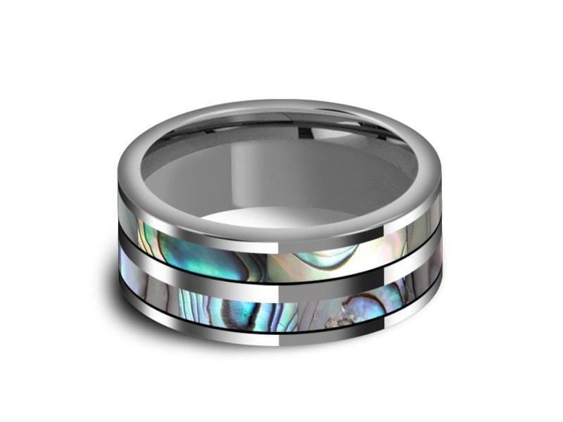Abalone Shell Tungsten Carbide Wedding Band - Double Abalone Inlay Ring - Shell Ring - Engagement Band - Flat Shaped - Comfort Fit 8mm - Vantani Wedding Bands