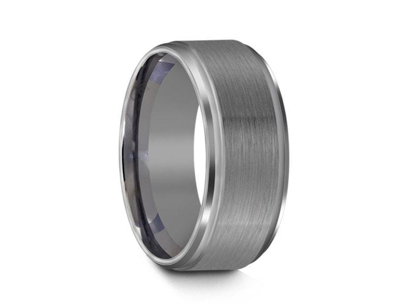 Brushed and Polished Tungsten Wedding Band - Gray Gunmetal - Engagement Ring - Ridged Edges - Comfort Fit 8mm - Vantani Wedding Bands