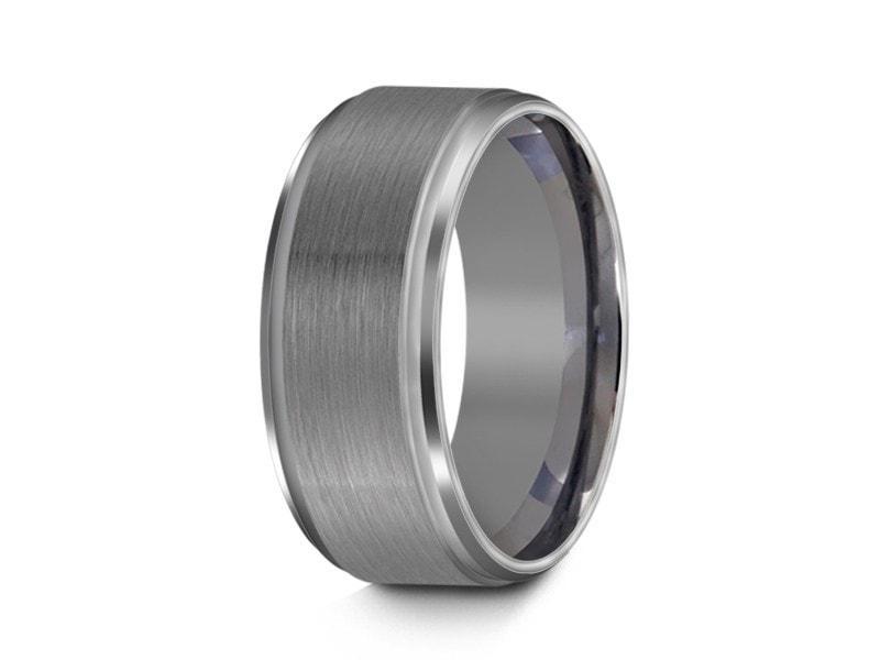 Brushed and Polished Tungsten Wedding Band - Gray Gunmetal - Engagement Ring - Ridged Edges - Comfort Fit 8mm - Vantani Wedding Bands