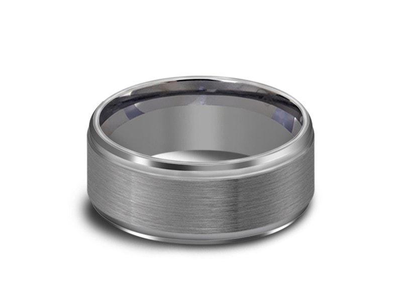 Brushed and Polished Tungsten Wedding Band - Gray Gunmetal - Engagement Ring - Ridged Edges - Comfort Fit 8mm - Vantani Wedding Bands
