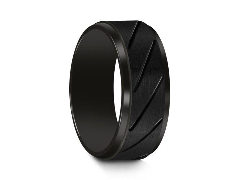 Brushed Black Tungsten Wedding Band - Engagement Ring - Anniversary - Ridged Shaped - Comfort Fit 8mm - Vantani Wedding Bands