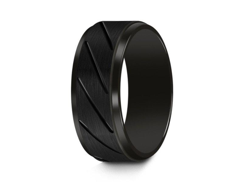 Brushed Black Tungsten Wedding Band - Engagement Ring - Anniversary - Ridged Shaped - Comfort Fit 8mm - Vantani Wedding Bands