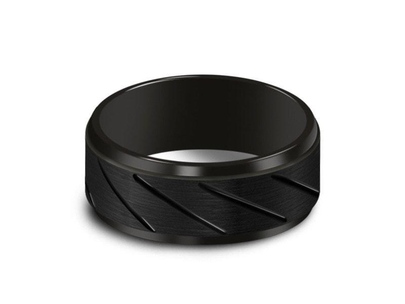 Brushed Black Tungsten Wedding Band - Engagement Ring - Anniversary - Ridged Shaped - Comfort Fit 8mm - Vantani Wedding Bands