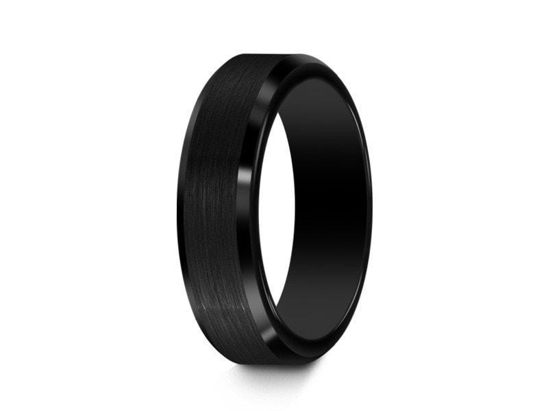 Brushed Tungsten Wedding Band - Black Engagement Ring - Beveled Shaped - Comfort Fit 6mm - Vantani Wedding Bands