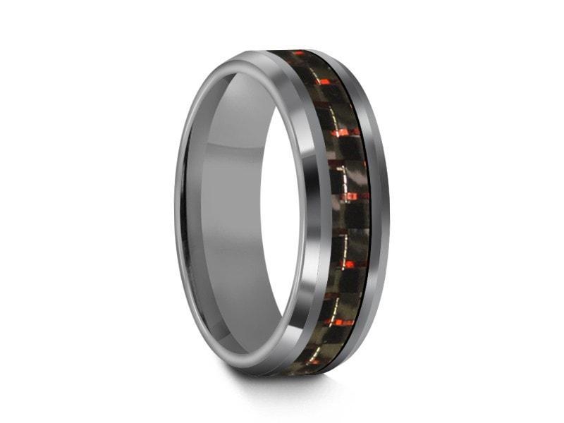 Tungsten Carbide Ring With Carbon Fiber Inlay - Wedding Band - Engagement Ring - Beveled Shaped - Comfort Fit 6mm - Vantani Wedding Bands