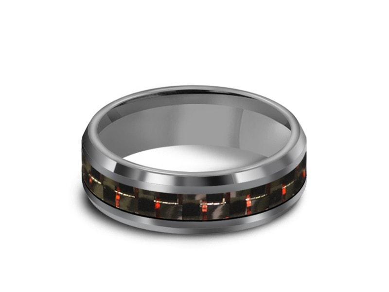 Tungsten Carbide Ring With Carbon Fiber Inlay - Wedding Band - Engagement Ring - Beveled Shaped - Comfort Fit 6mm - Vantani Wedding Bands
