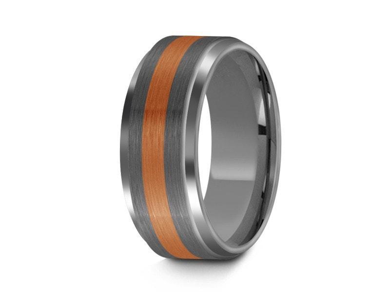 Brushed Tungsten Wedding Band - Two Tone - Gray Gunmetal - Engagement Ring - Ridged Edges - Comfort Fit 8mm - Vantani Wedding Bands