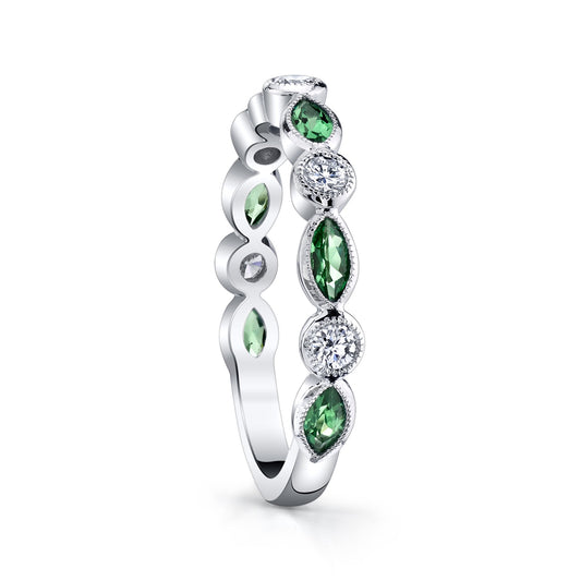 14K WHITE GOLD DIAMOND AND TSAVORITE GARNET STACKABLE BAND