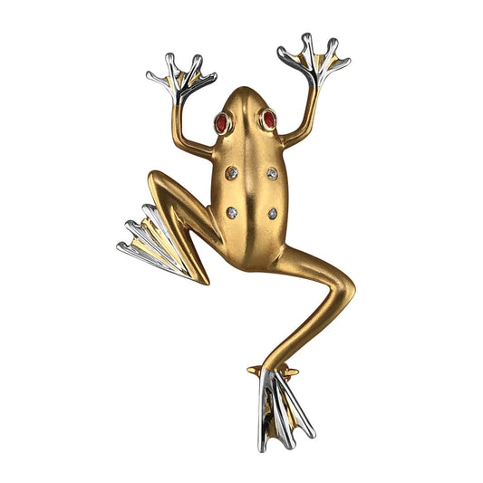 14K YELLOW AND WHITE GOLD FROG BROOCH WITH DIAMONDS AND RUBIES