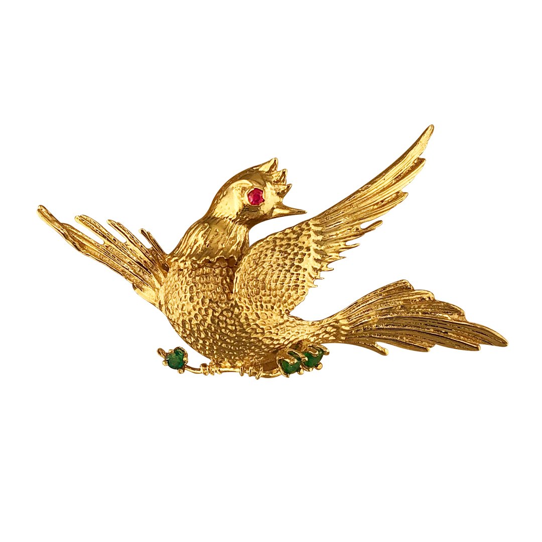 14K YELLOW GOLD BIRD BROOCH WITH EMERALDS AND RUBIES