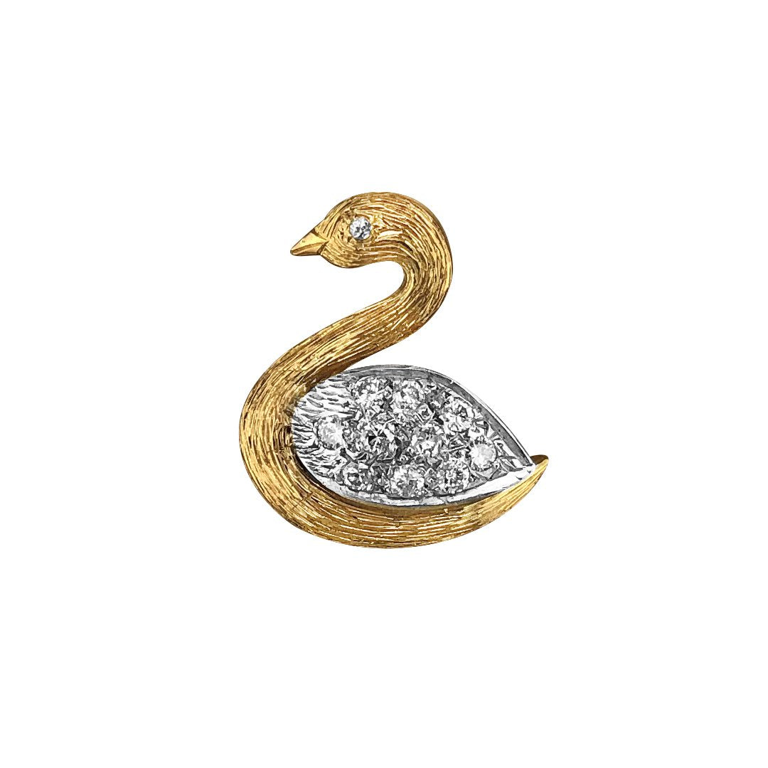 14K YELLOW AND WHITE GOLD SWAN BROOCH/PIN WITH DIAMONDS