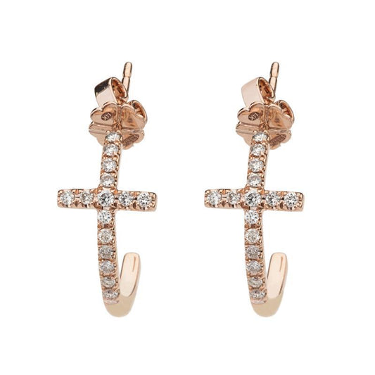 14K ROSE GOLD CROSS DIAMOND HOOP EARRINGS