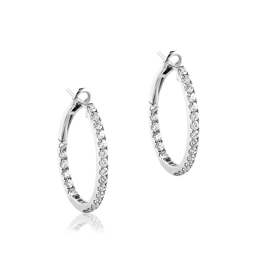 14K White gold oval hoop earrings with diamonds