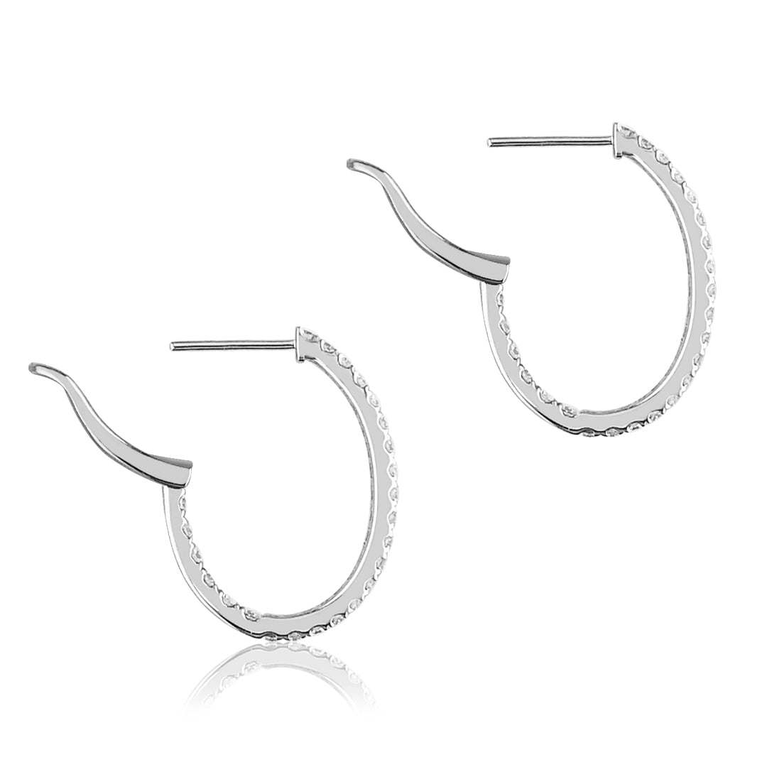 14K White gold oval hoop earrings with diamonds